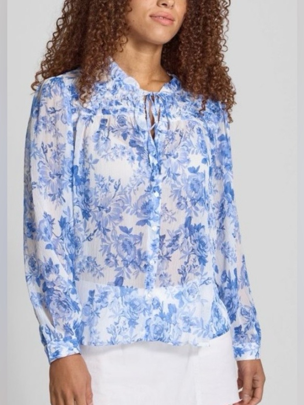 ZARA NWT Blue White Floral Ruffled
Semi Sheer Long Sleeve Bobo Blouse Size XL